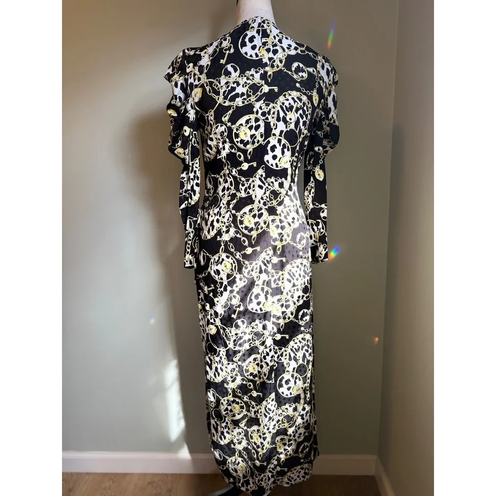 TOP SHOP Black White Gold Chain retro Wrap Maxi Dress Puff y2k hearts stars 4 - Picture 4 of 5